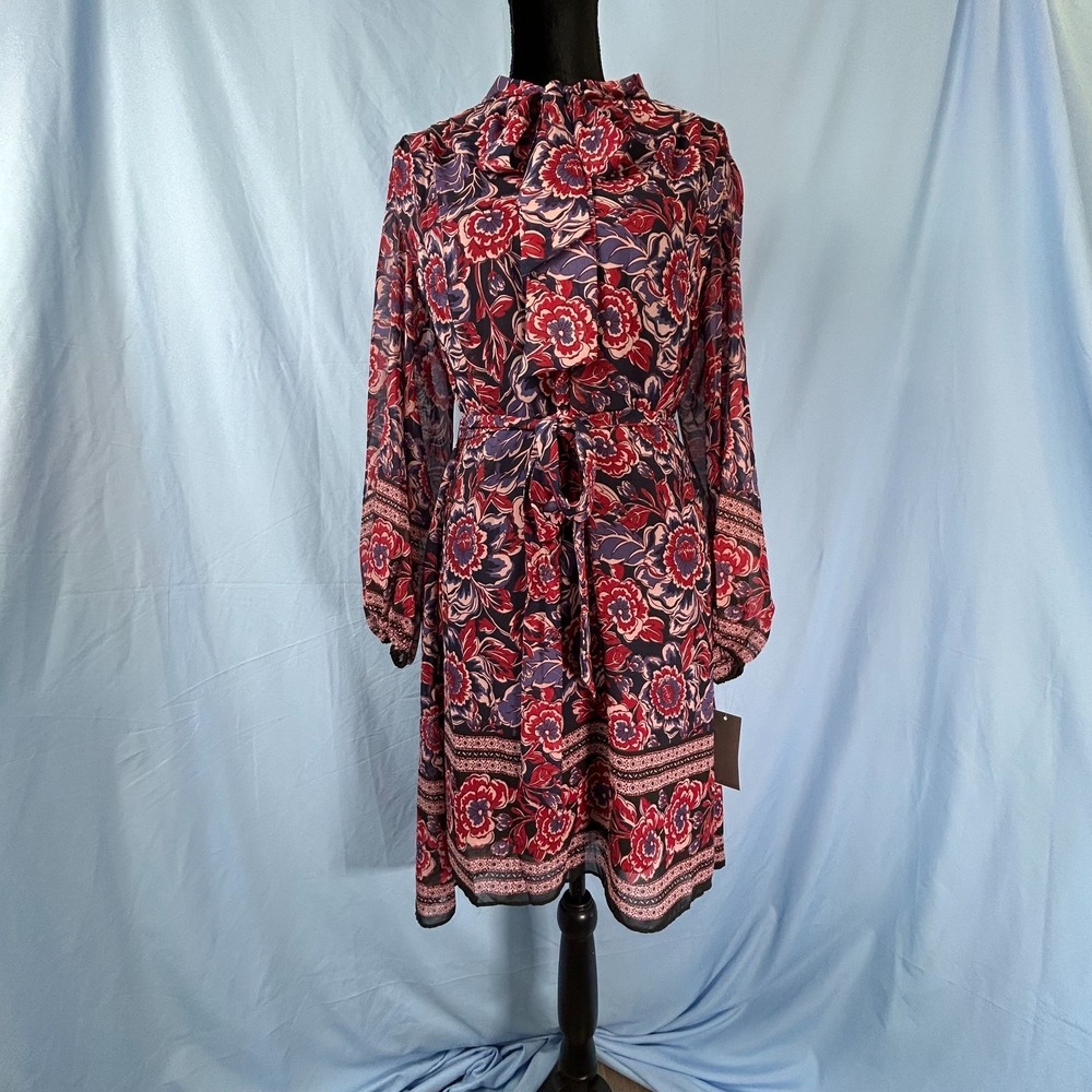 Donna‎ Ricco Maxi Dress Womens 14 Navy Multi Floral Tie Neck Pleated Puff Sleeve
